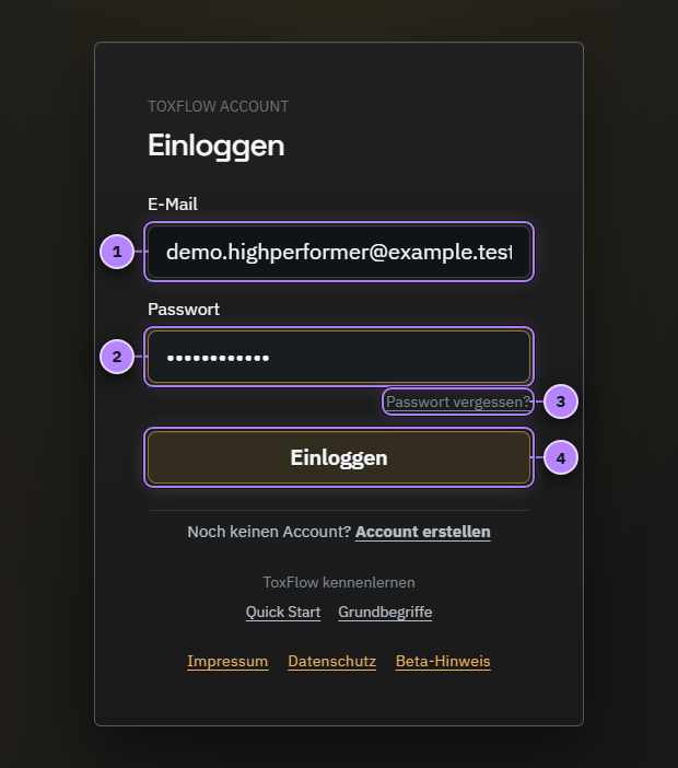 ToxFlow-Anmeldung mit vier nummerierten Aktionen