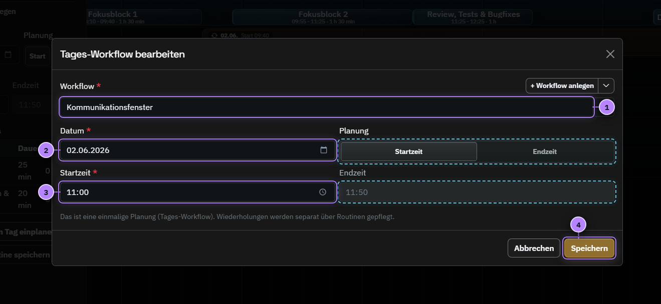 Bearbeitungsmaske eines Tages-Workflows mit vier nummerierten Aktionen