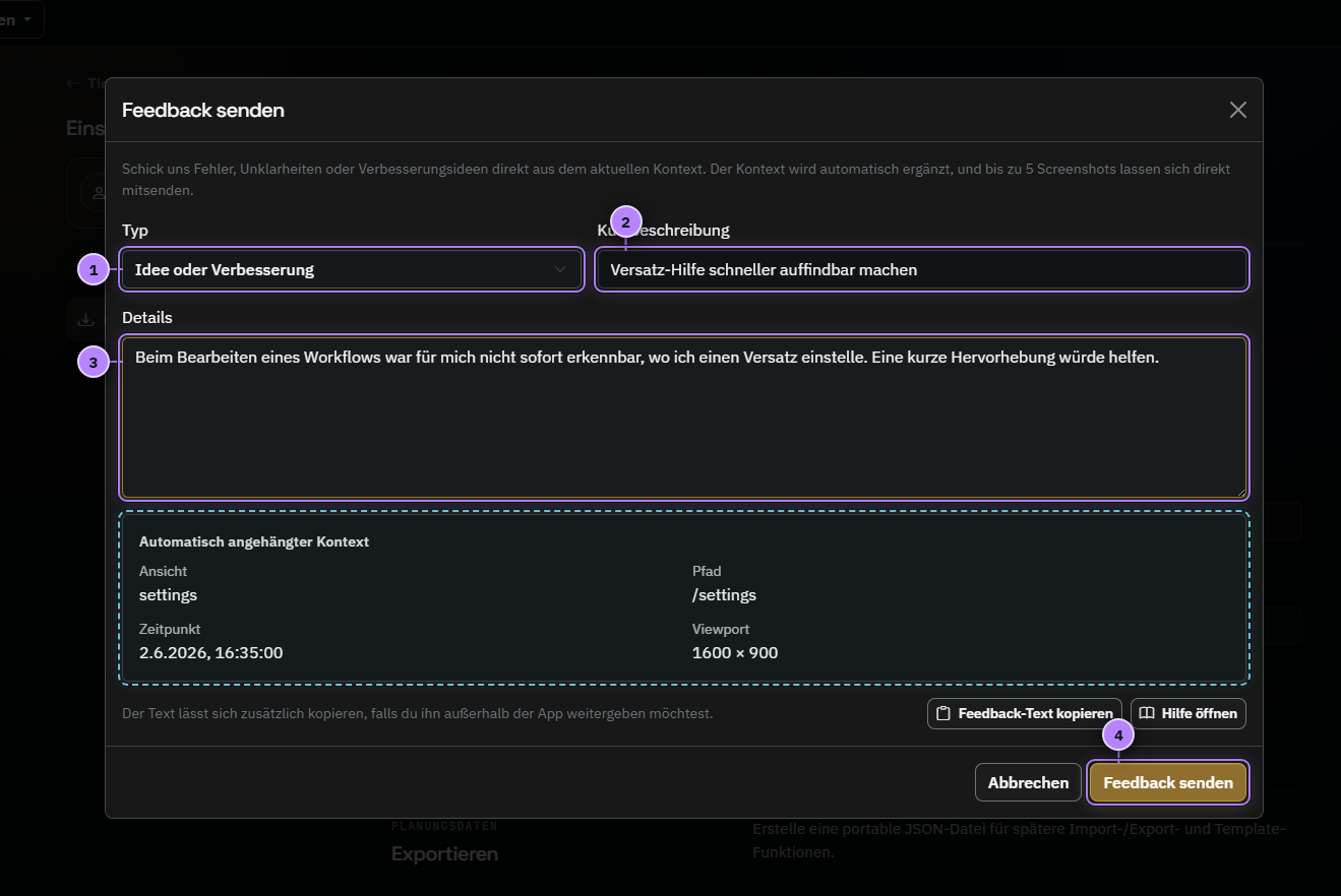 ToxFlow-Feedbackmaske mit vier nummerierten Aktionen und automatisch angehängtem Kontext