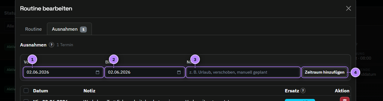 Ausnahmen-Tab einer Routine mit vier nummerierten Aktionen