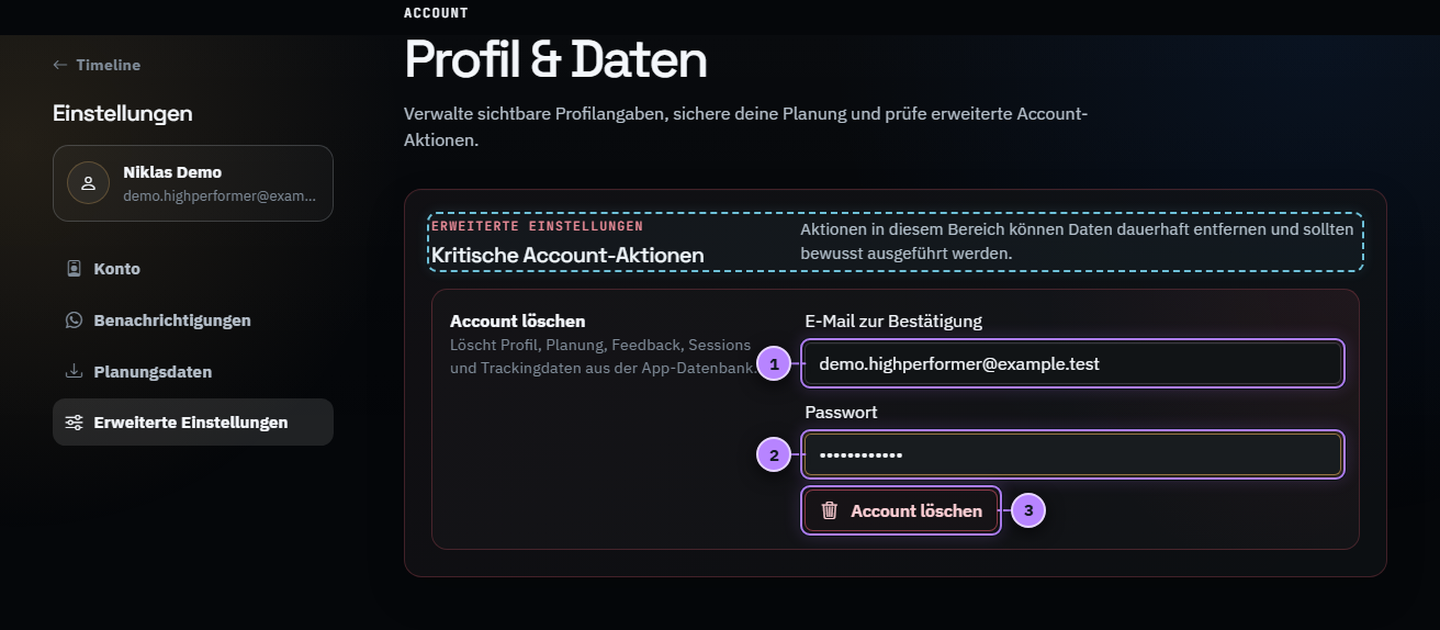 Erweiterte Einstellungen zur Account-Löschung mit drei nummerierten Aktionen