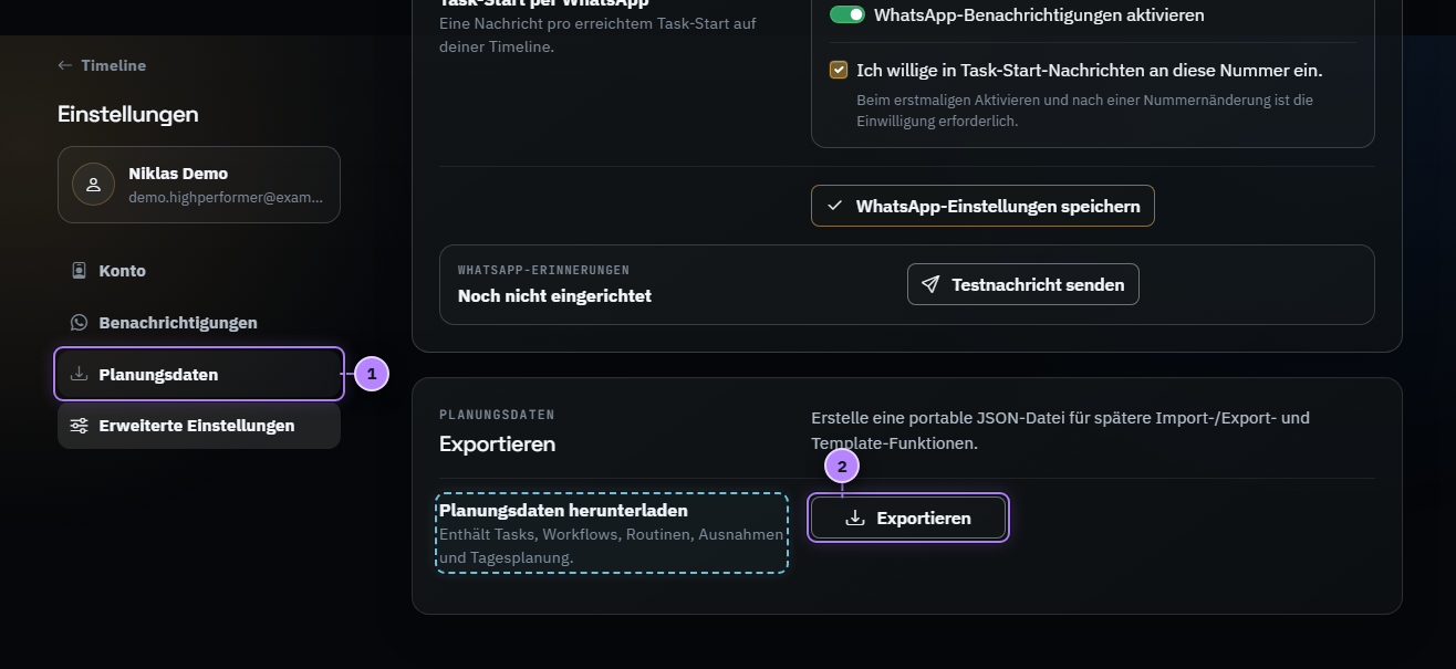 ToxFlow-Einstellungen für den Planungsdaten-Export mit zwei nummerierten Aktionen
