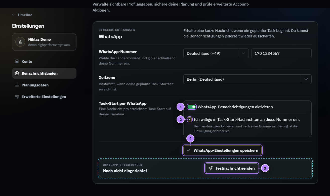 Aktivierung und Test einer WhatsApp-Benachrichtigung mit vier nummerierten Aktionen