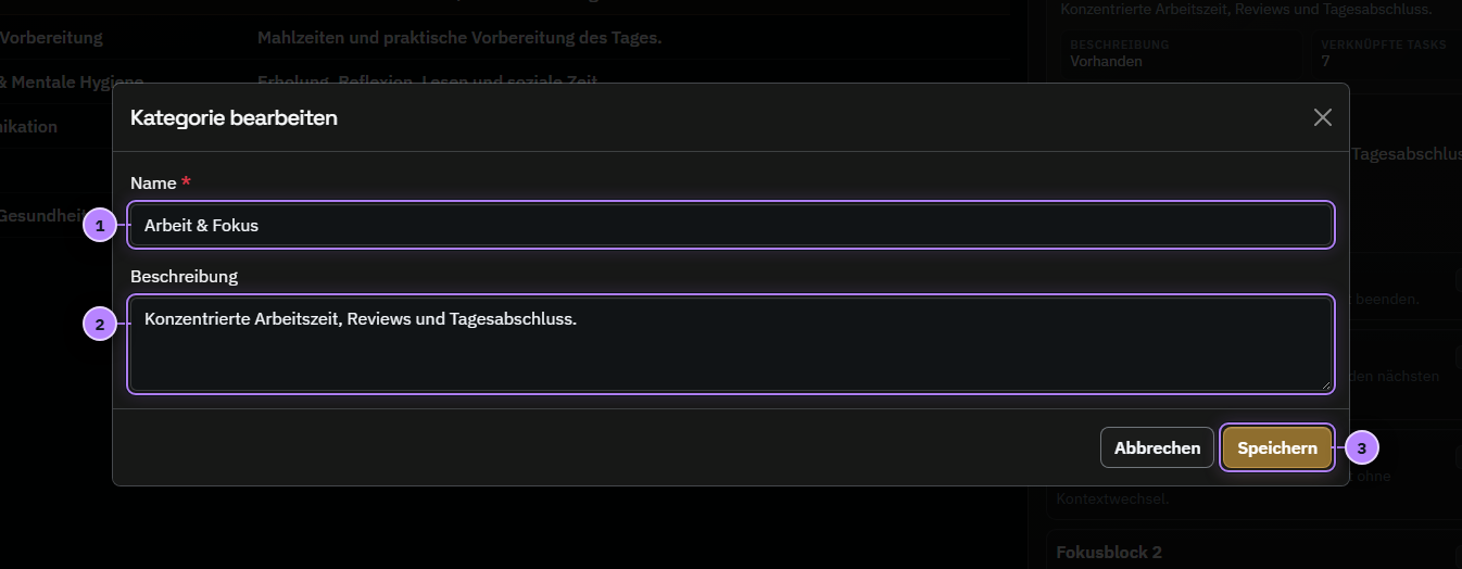 Bearbeitungsmaske einer Task-Kategorie mit drei nummerierten Aktionen