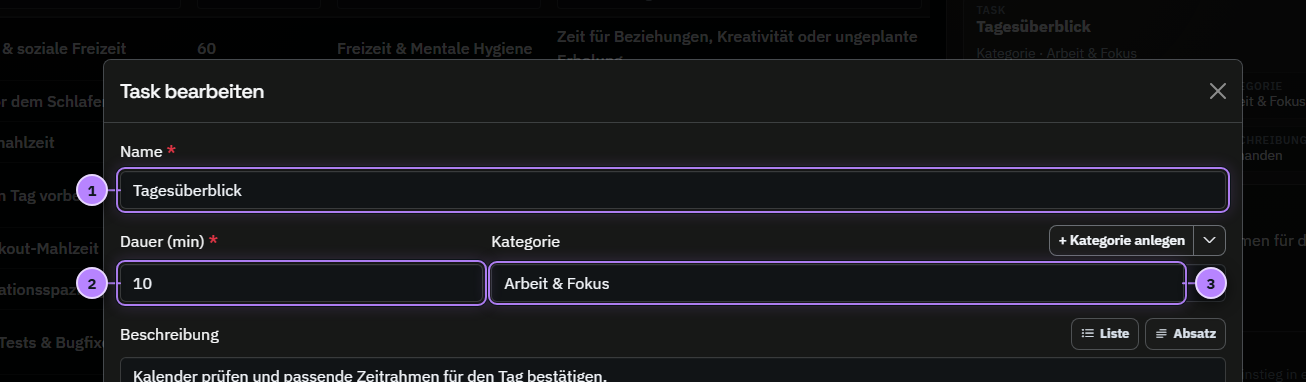 Task-Bearbeitungsmaske mit Name, Dauer und Kategorie