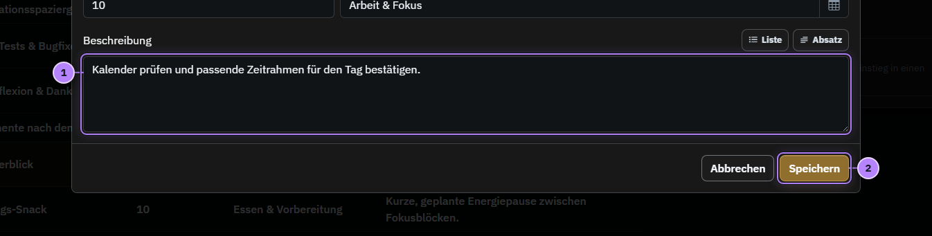 Task-Bearbeitungsmaske mit Beschreibung und Speichern-Aktion