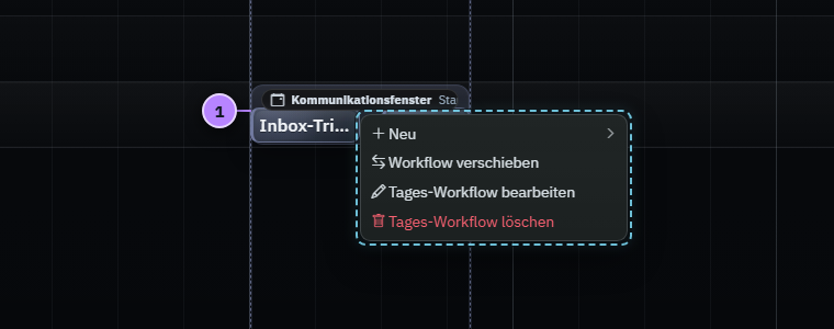 Geöffnetes Kontextmenü eines Workflows auf der Timeline