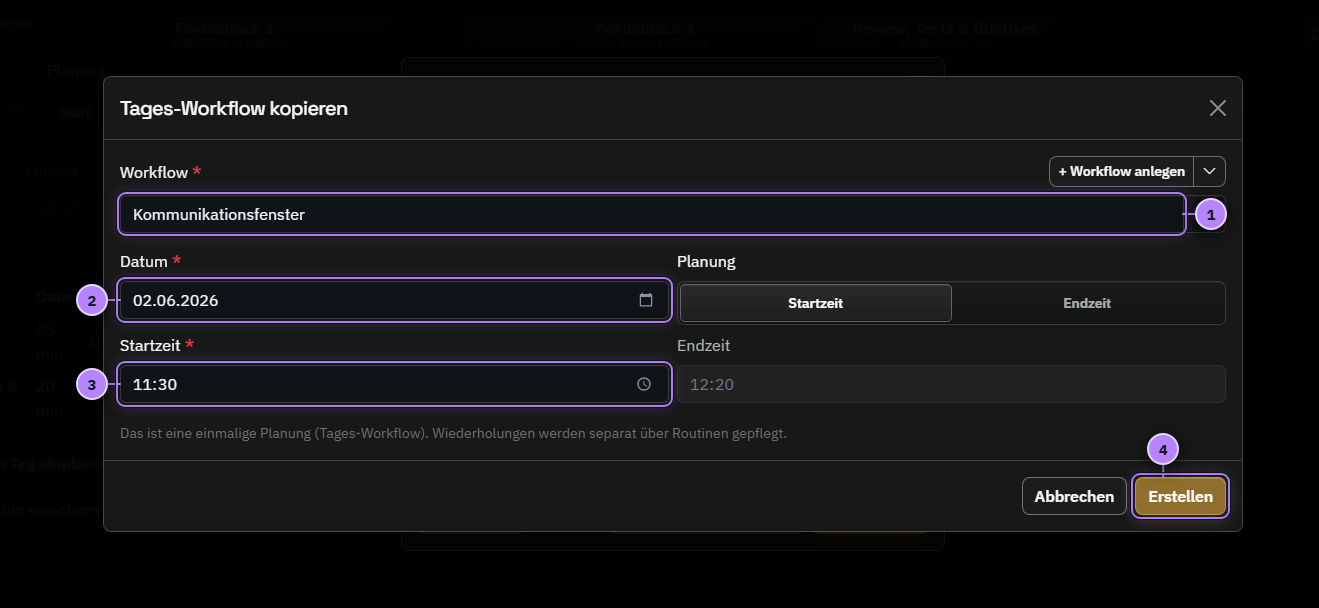Vorausgefüllte Kopiermaske eines Tages-Workflows mit vier nummerierten Aktionen