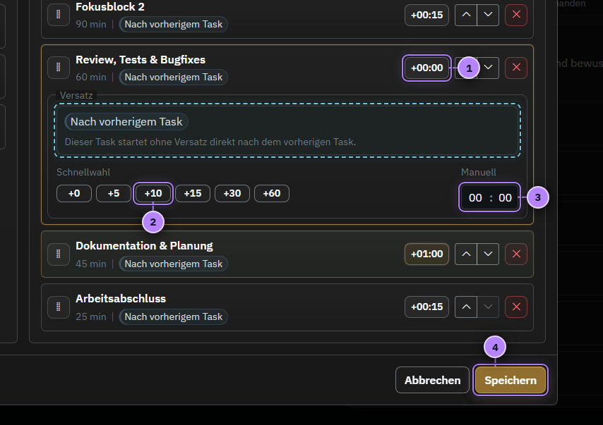 Workflow-Editor mit vier nummerierten Aktionen für einen zeitlichen Versatz