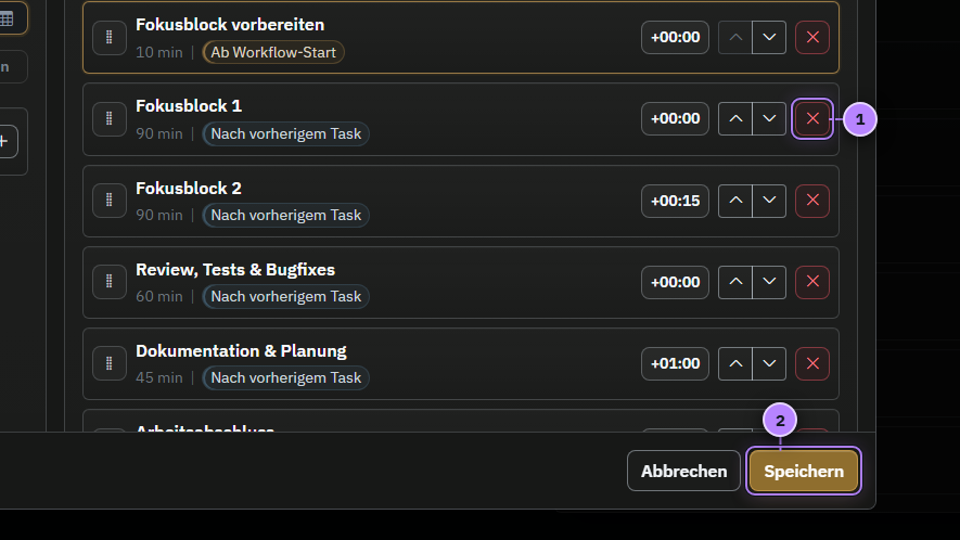 Workflow-Editor mit Entfernen- und Speichern-Aktion