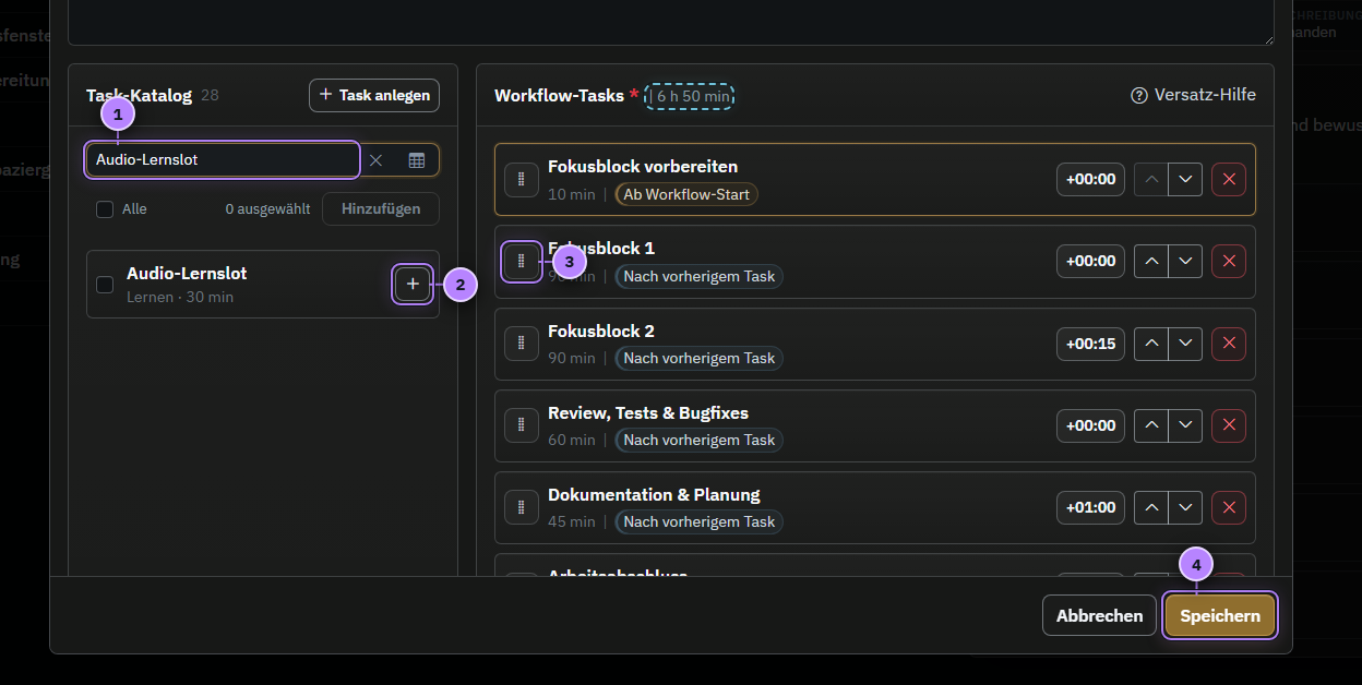 Workflow-Editor mit vier nummerierten Aktionen zum Hinzufügen und Ordnen von Tasks